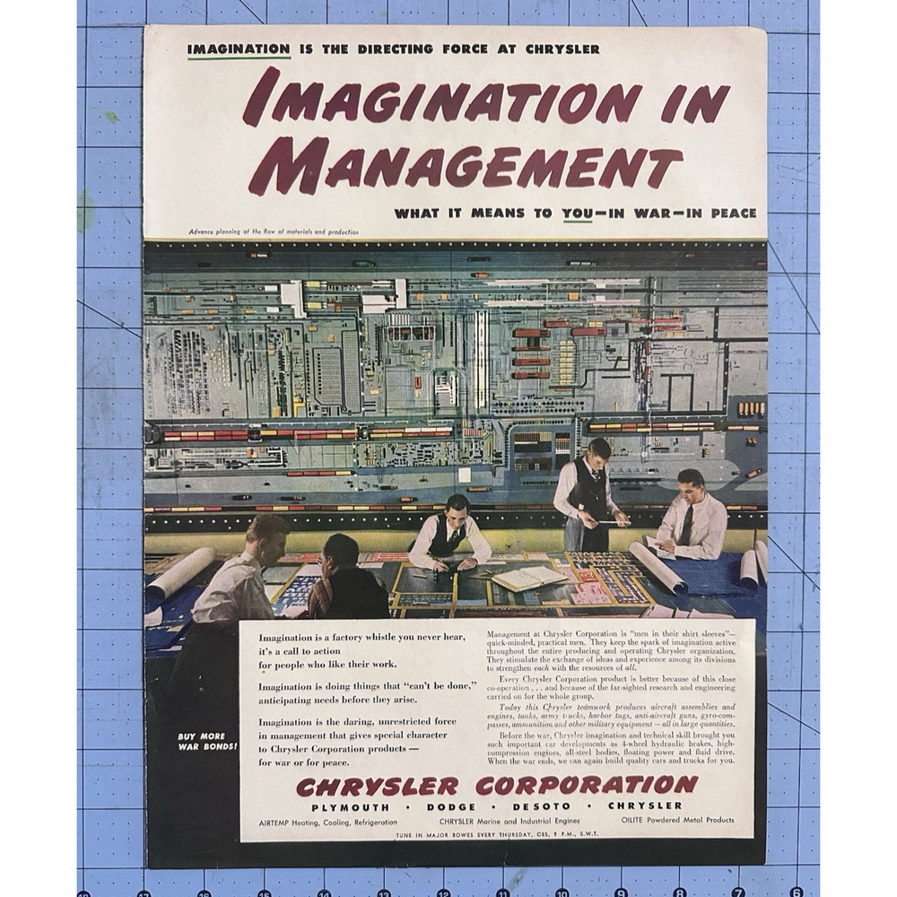 1944 Chrysler Corporation Management Imagination War Peace WW II Vtg Print Ad